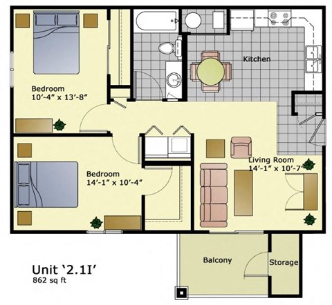Floor plan for 2 beds, 1 bath, 862 sqft